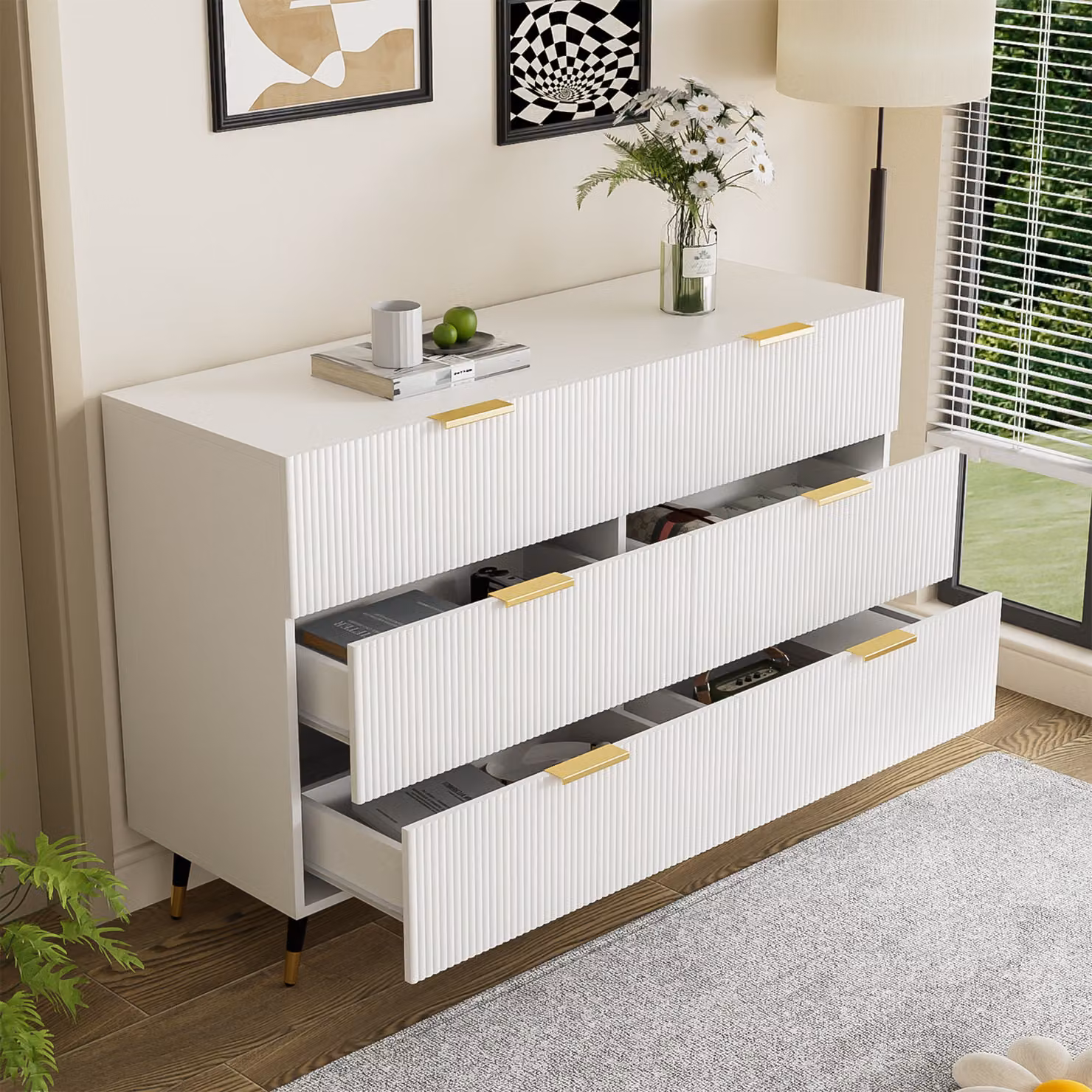 Cassettiera AIORBER, sei cassetti, ampio spazio, legno pregiato, gambe dorate, credenza, per sala da pranzo, soggiorno, 120x77x40cm, bianco