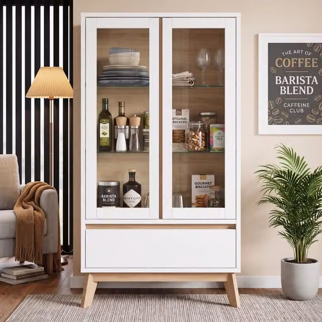 Mobile dispensa in stile scandinavo con ante in vetro e ripiani interni, colore bianco opaco, L: 80 cm, P: 40 cm, H: 150 cm