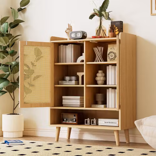 Cassettiera AIORBER, in rattan naturale, diversi ripiani, ampio spazio di archiviazione, meccanismo di ritorno, strutturalmente stabile, per corridoio, 80x35x105 cm, rovere