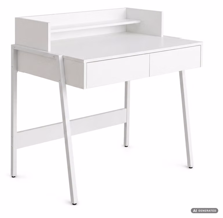 Scrivania industriale per computer Bianca FLUX 78 cm 2 cassetti 1 ripiano gambe bianche