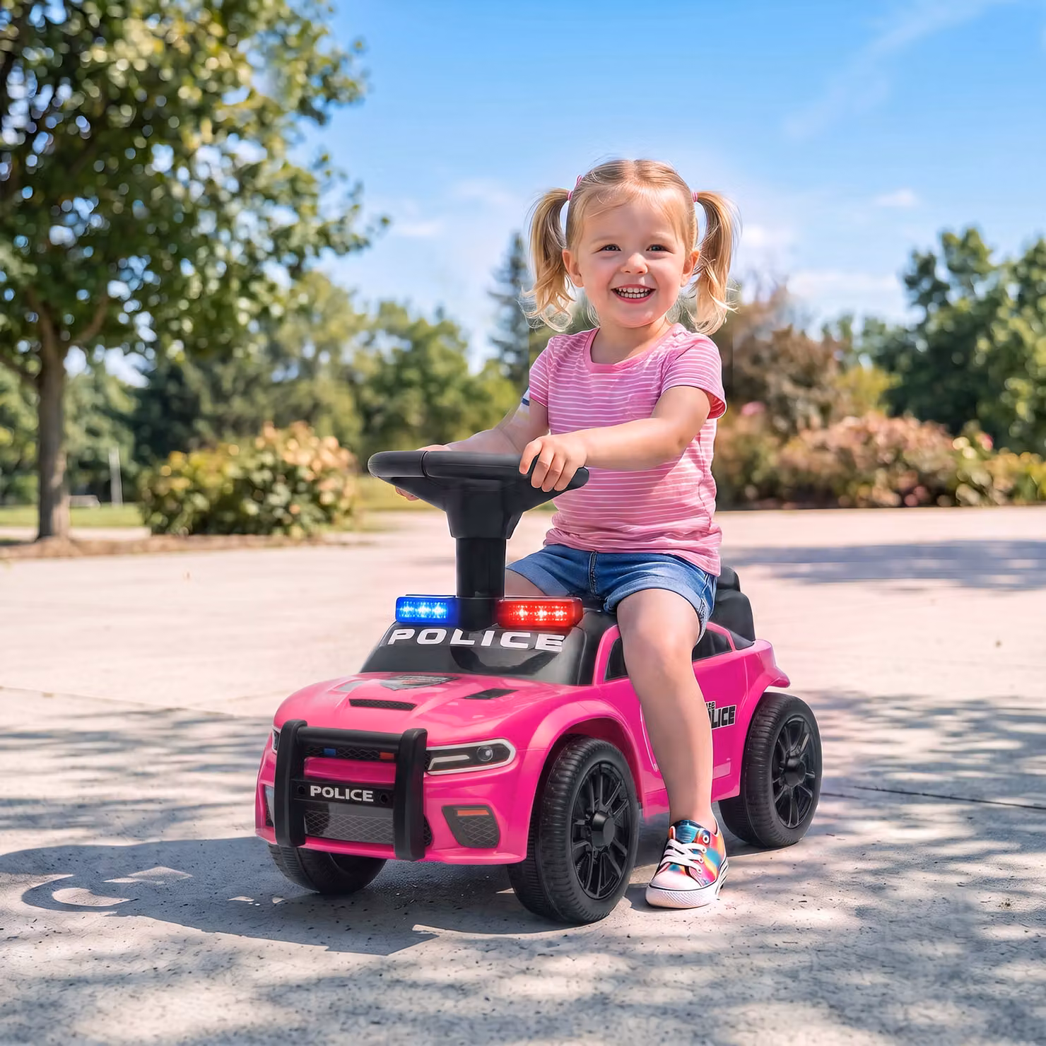 Auto cavalcabile Polizia AIYAPLAY con luci e musica, rosa, per bambini 18-36 mesi – 2