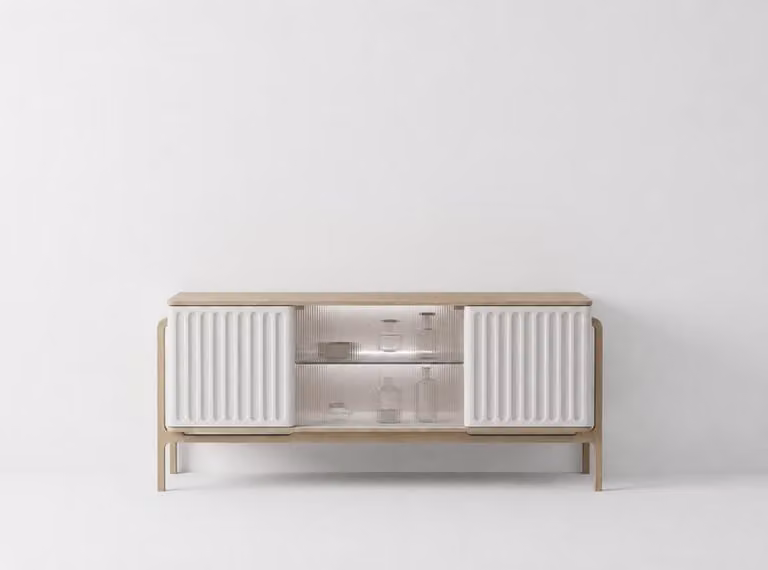 Mobile contenitore moderno, bianco e beige, con ante e vetrine, ideale per il soggiorno