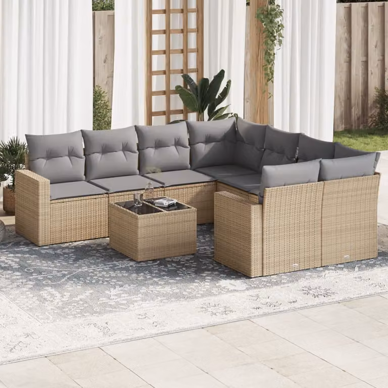 vidaXL Set Divano da Giardino a L 9 pz con Cuscini Beige e Tavolino da Esterno in Polyrattan e Acciaio