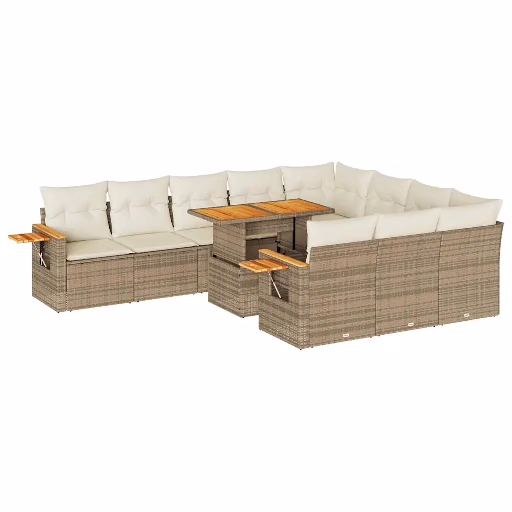 Set di Divani da Giardino vidaXL in Polyrattan e Legno di Acacia con Cuscini Beige e Bianchi, 11 Pezzi – 2