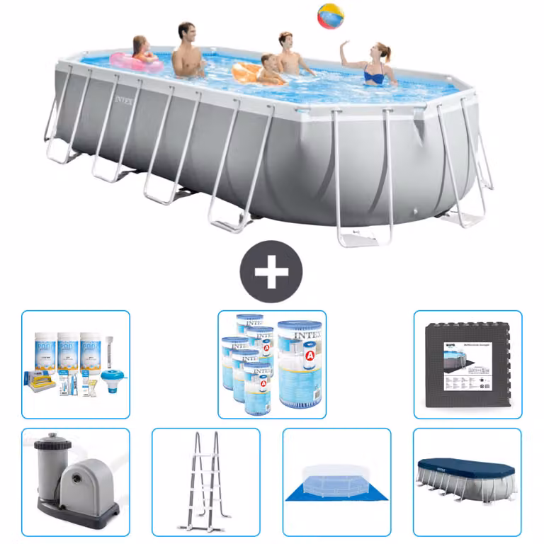 Piscina Intex Oval Prism Frame - 610 x 305 x 122 cm - Grigio - inclusa pompa - scaletta - telo di fondo - pacchetto di manutenzione della copertura - filtro - piastrelle per il pavimento