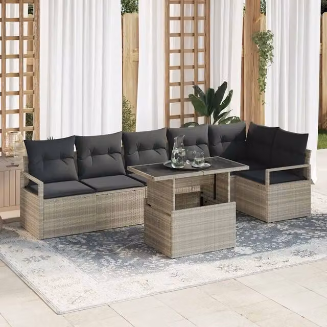 Set Divano da Giardino a L vidaXL in Polyrattan Grigio con Tavolino e Cuscini, 7 Pezzi