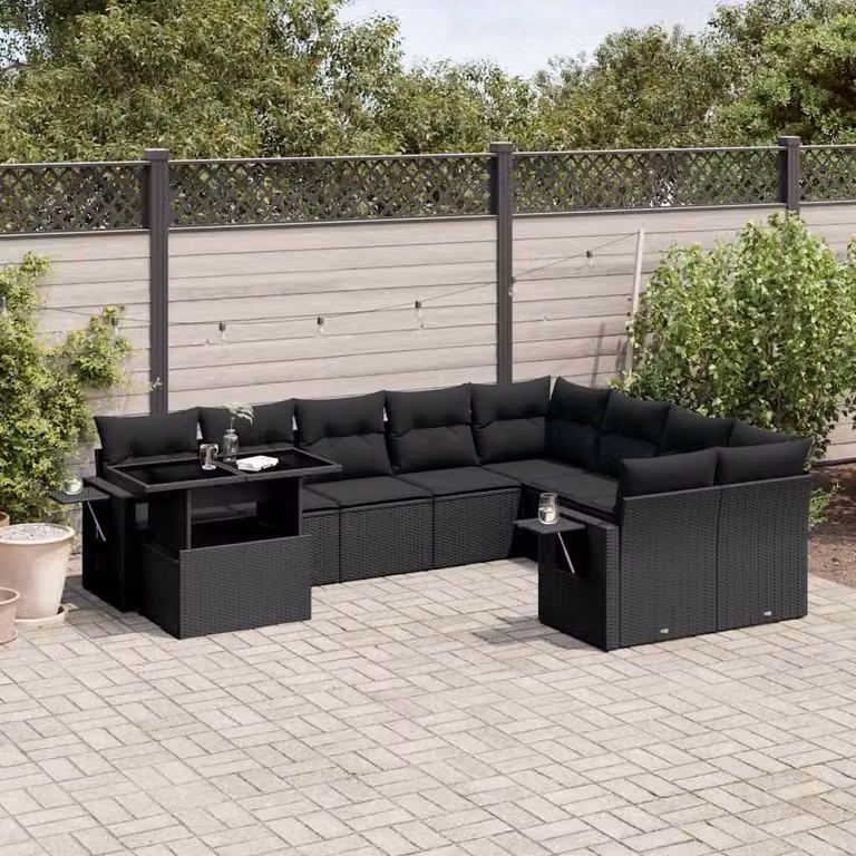 vidaXL Set Divani da Giardino 10 Pezzi in Polyrattan Nero con Cuscini e Tavolino da Esterno