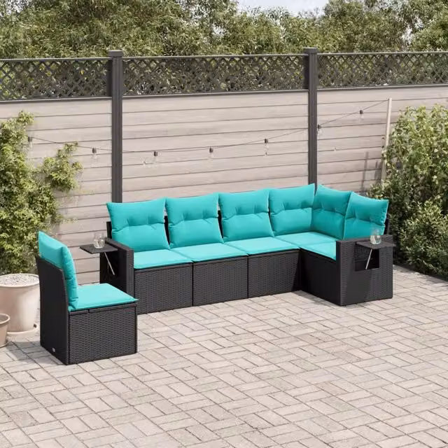 Set di Divani da Giardino a L vidaXL in Polyrattan e Metallo con Cuscini, 6 Posti, Nero, Blu o Turchese