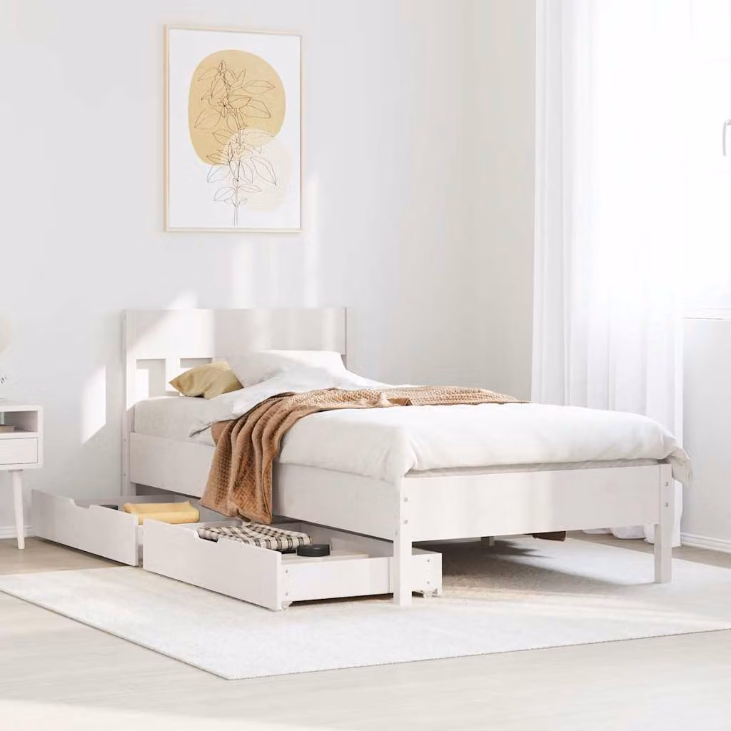 Letto singolo vidaXL in legno massello di pino bianco con cassetti L/P/H: 205.5 x 90 x 95.5 cm