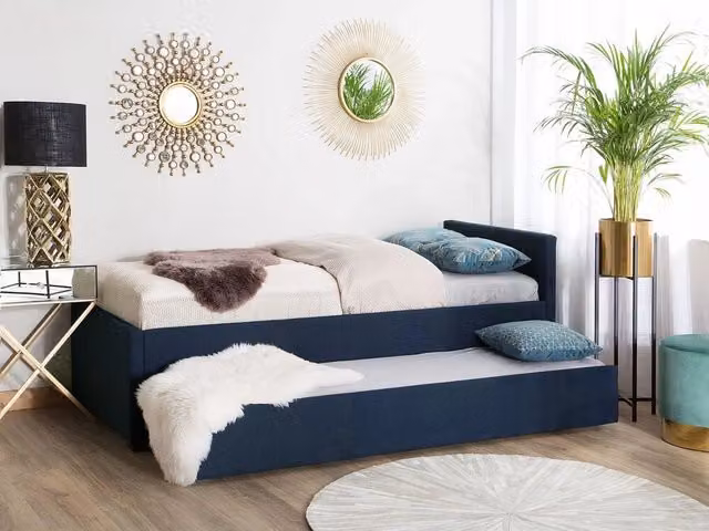 Divano Letto Estraibile Beliani in Tessuto Blu con Cassetto, Dimensioni: 80 x 200 cm – 1