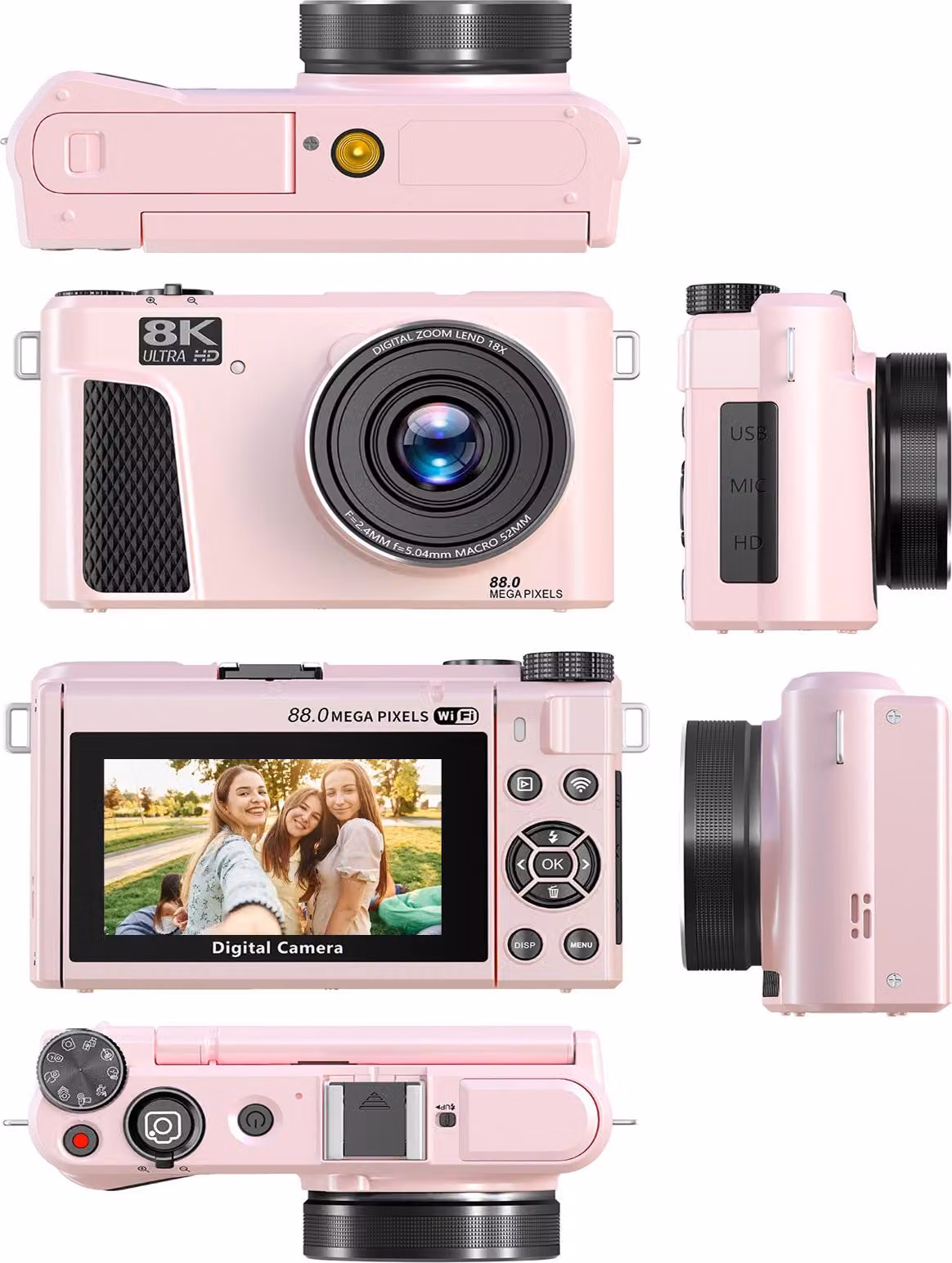 Fotocamera Roseate 88 MP 8K, zoom 18x, autofocus, 3 pollici, schermo ribaltabile a 180°, doppia batteria, Wi-Fi, mirrorless, con copriobiettivo, scheda di memoria da 32 GB per fotografia
