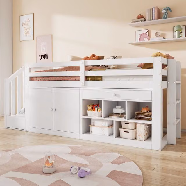 Letto a soppalco 90x200 cm con scala; contenitore e scrivania in legno bianco