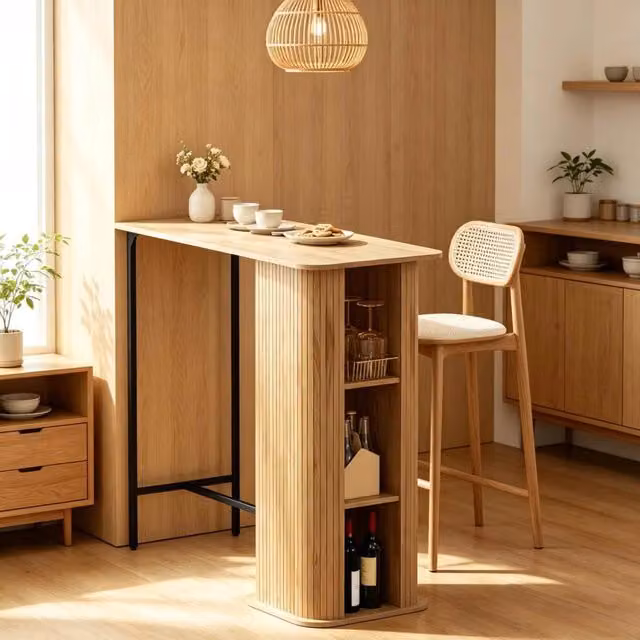 Tavolo bar 112x50x106 cm con 3 ripiani aperti; prese integrate e piedi in metallo