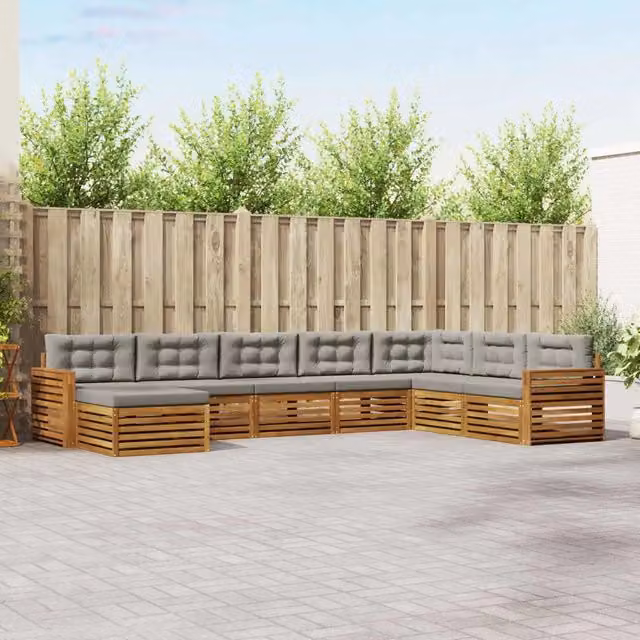 Set di divani da esterno a L con ottoman vidaXL in legno di acacia e tessuto grigio, 8 pezzi – 1