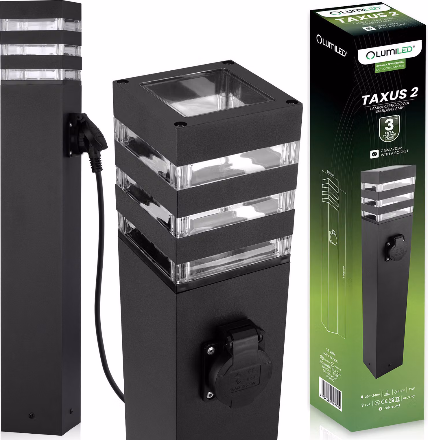 LUMILED luce da sentiero luce da bitta da esterno lampada da terra con presa di corrente luce da giardino lampada da sentiero colonna elettrica 60cm IP44 presa E27 max 13W