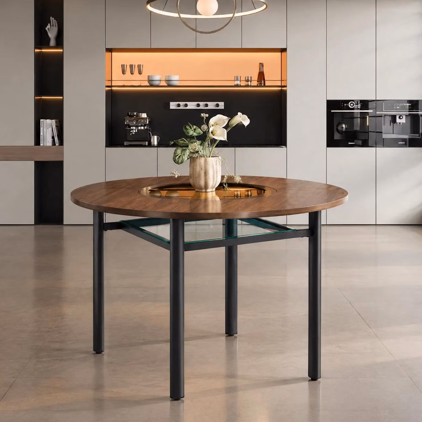 Tavolo rotondo, diametro 100 cm, aspetto legno, per 2-4 persone, piano in vetro, struttura in metallo (marrone e nero)