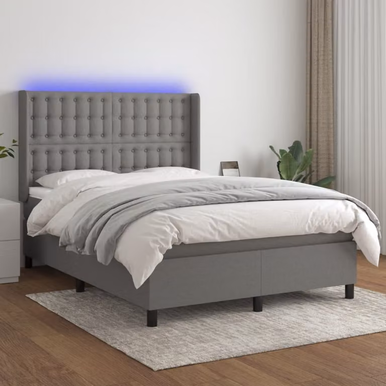 The Living Store Letto a molle con materasso e LED in tessuto grigio scuro 140x200 cm