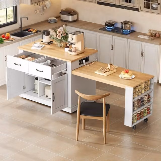 Isola cucina mobile con tavolo estraibile, MDF bianco e rovere, L 132 x B 60 x H 93 cm