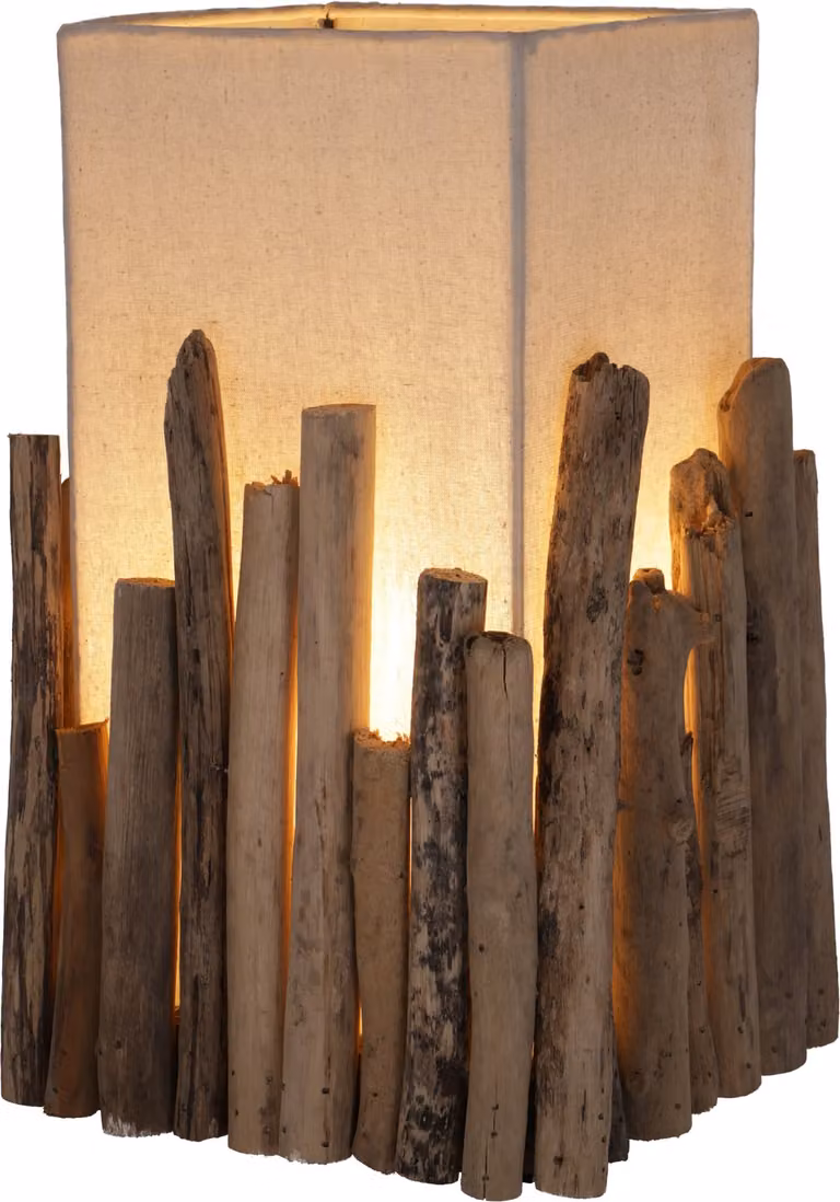 Lampada da tavolo, pezzo unico realizzato a mano a Bali con materiali naturali, legno galleggiante e cotone - Modello Levante, bianco crema, 35*21*21 cm, lampade da tavolo in materiali naturali