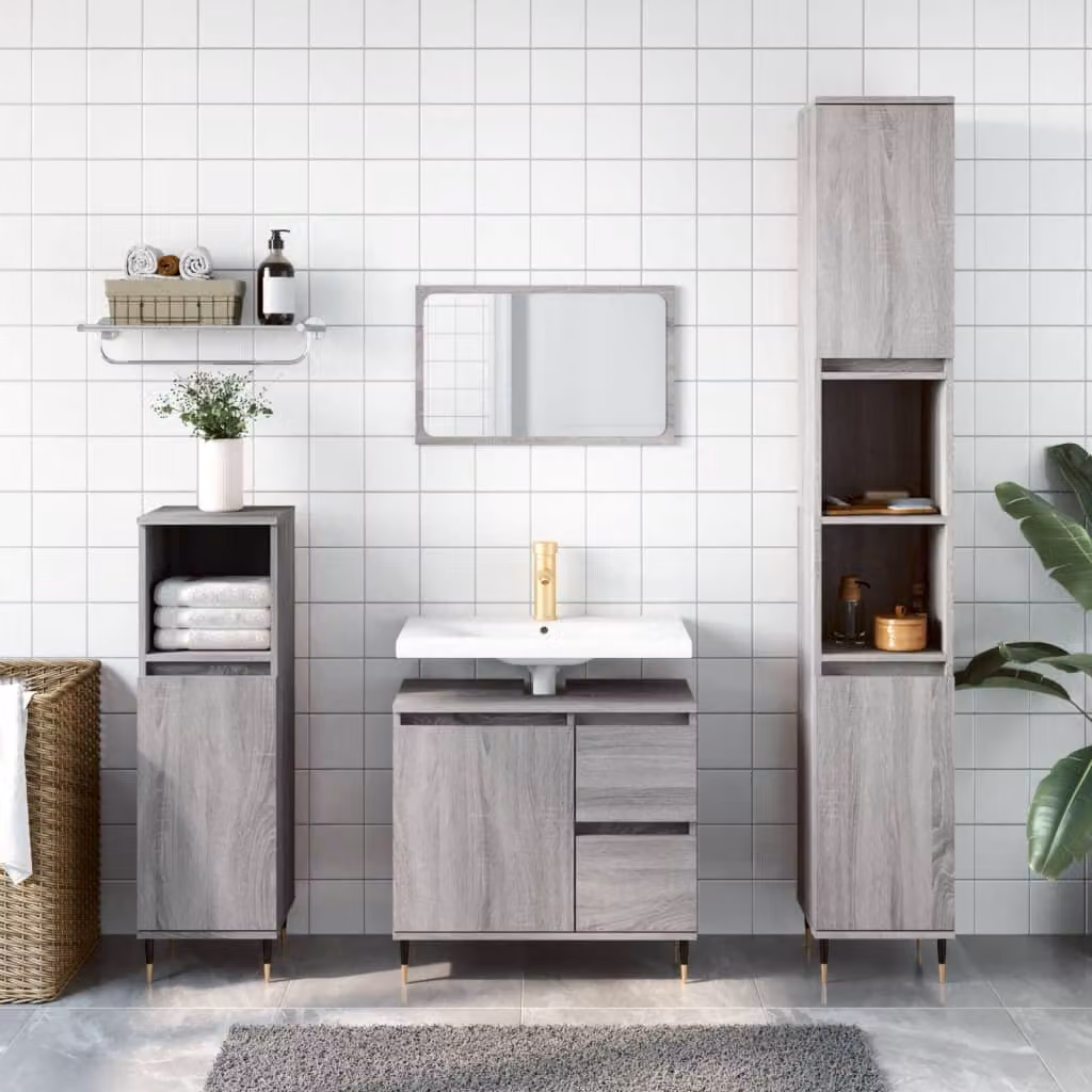 Set di mobili da bagno moderno vidaXL in 3 pezzi colore grigio con legno e metallo