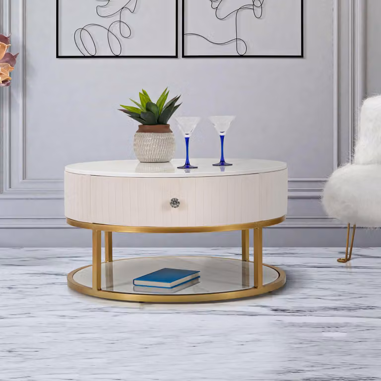 Dalasida - Tavolino da Salotto, 75x75x36h cm Bianco Crema, un Cassetto