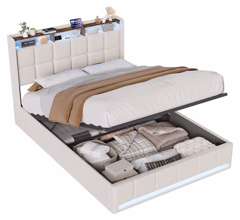 Letto Moonbite con contenitore, dimensioni 160x200 cm, rivestito in lino beige, con illuminazione a LED e cassetti estraibili con sistema idraulico, prese USB e di tipo-C. Letto matrimoniale illuminato