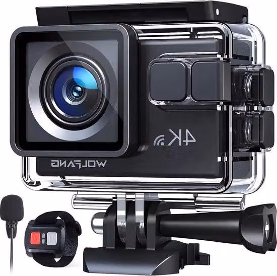 Fotocamera Action WOLFANG 4K 30FPS 20MP WiFi Impermeabile fino a 40M con Stabilizzazione EIS, Telecomando 2.4G, Mic Esterno e 2 Batterie 1050mAh, Colore Nero