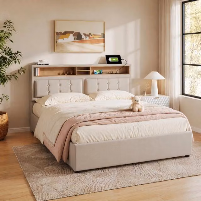 Letto imbottito 140x200 cm beige con materasso H3, contenitore e ricarica USB-C