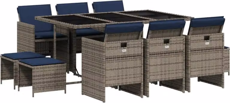 Set da pranzo da giardino da 11 pz con Cuscini in Polyrattan Grigio