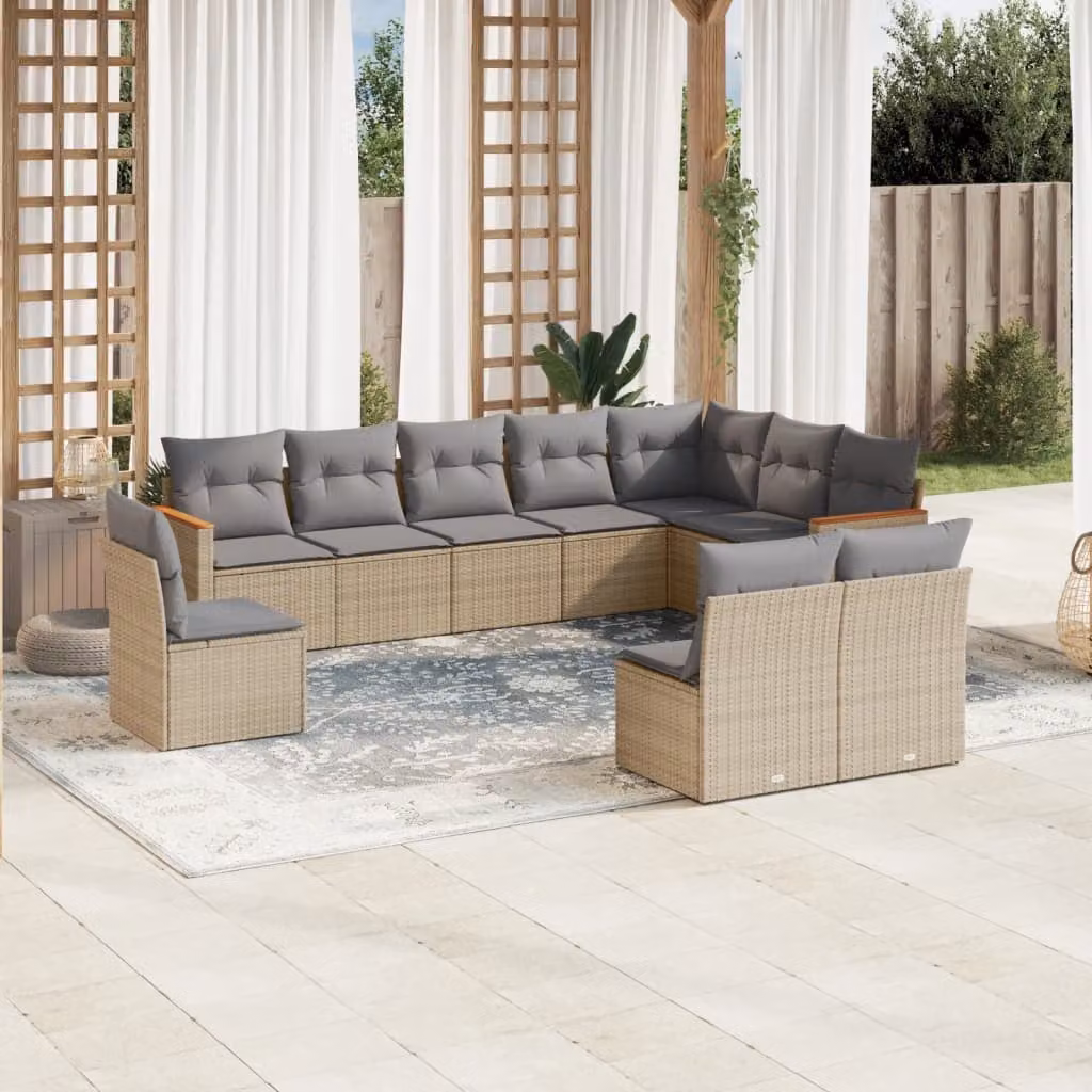 vidaXL Set Divano da Giardino 10 pz a forma di U in Polyrattan con Cuscini Beige e Grigio – 1