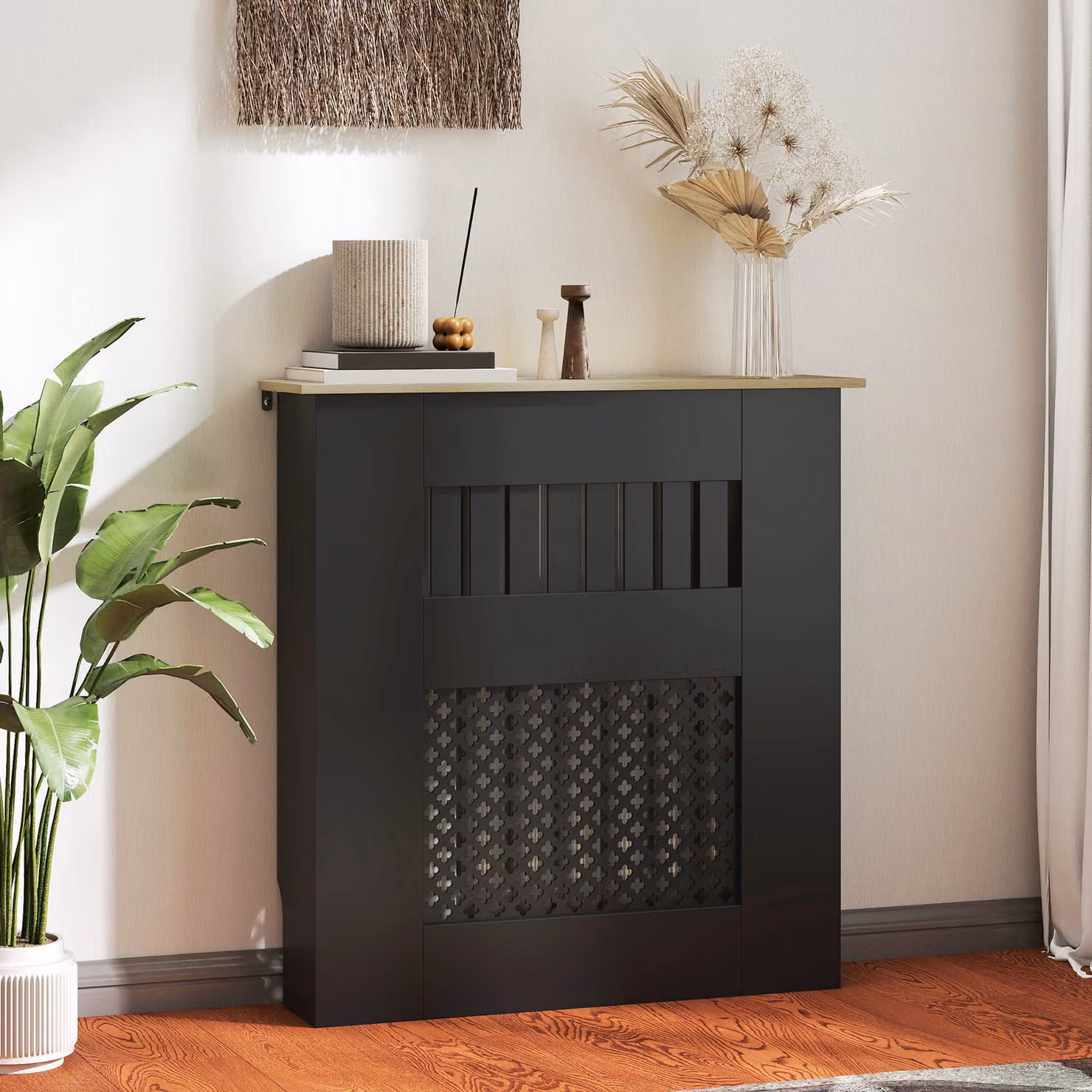 Copritermosifone HOMCOM con design moderno a listelli e ripiano superiore, Nero, L: 78 cm, P: 19 cm, H: 81 cm – 2