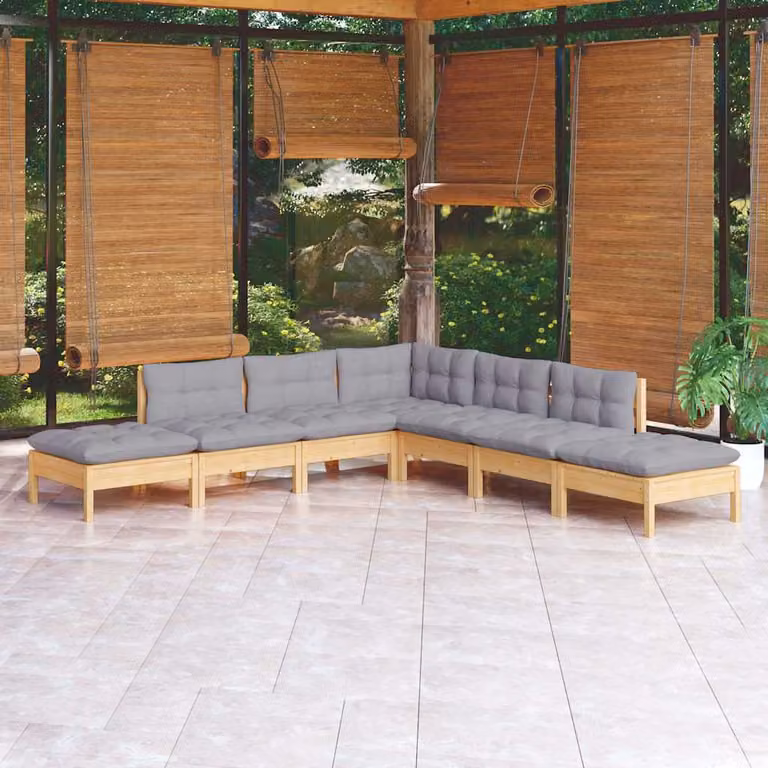 vidaXL Set Divani da Giardino 7 pz in Legno di Pino con Cuscini Grigi Moderni a Forma di L
