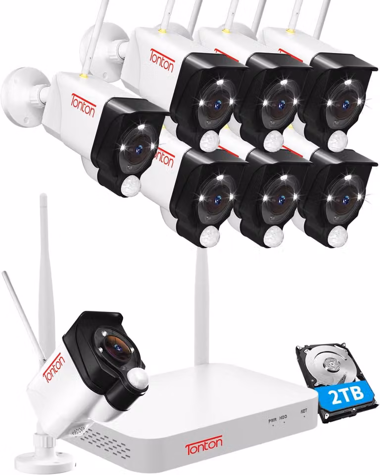 (Visione notturna a colori) Kit di telecamere di sicurezza Wi-Fi da 5MP, sistema NVR wireless a 10 canali, 8 telecamere di sicurezza Wi-Fi da 3MP per esterni, rilevamento PIR, intelligenza artificiale per il riconoscimento di persone/veicoli, interfono