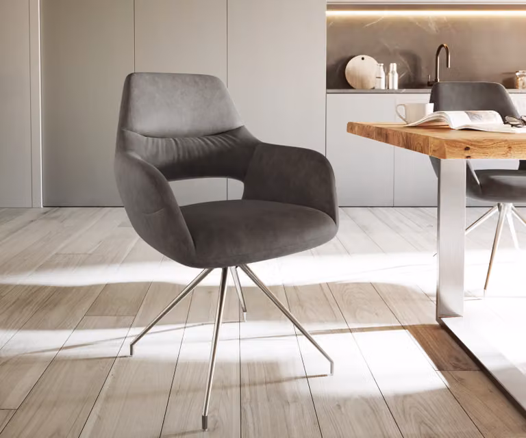 DELIFE Sedia da pranzo Yago-Flex con braccioli, rivestita in microfibra color antracite, stile vintage, struttura a croce conici in acciaio inossidabile, imbottitura a molle insacchettate