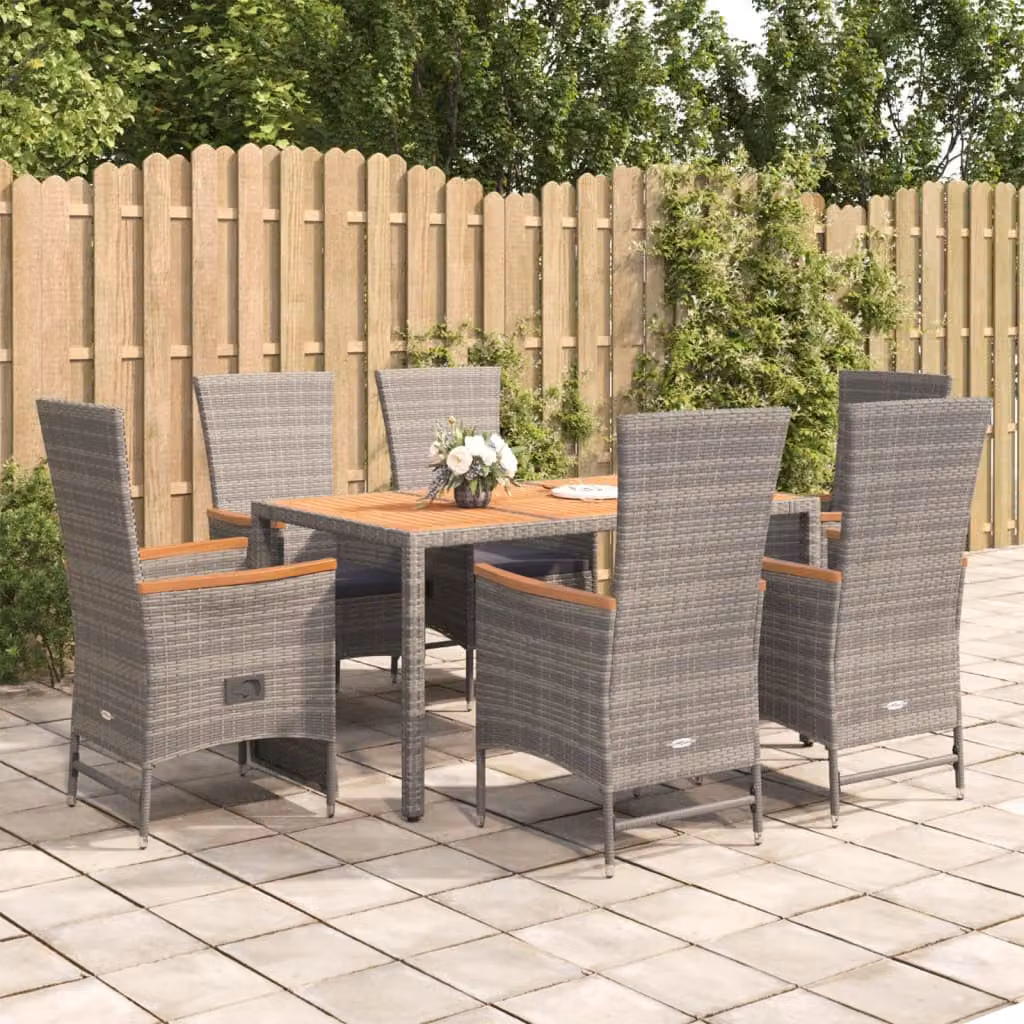 Set da pranzo da giardino vidaXL in polyrattan e legno di acacia grigio con 7 pezzi e cuscini