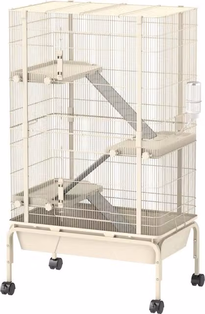 Gabbia per conigli XYLO a 4 livelli con 2 porte, 3 rampe, vassoio e ruote, colore beige, L: 69 cm, P: 44 cm, H: 120 cm