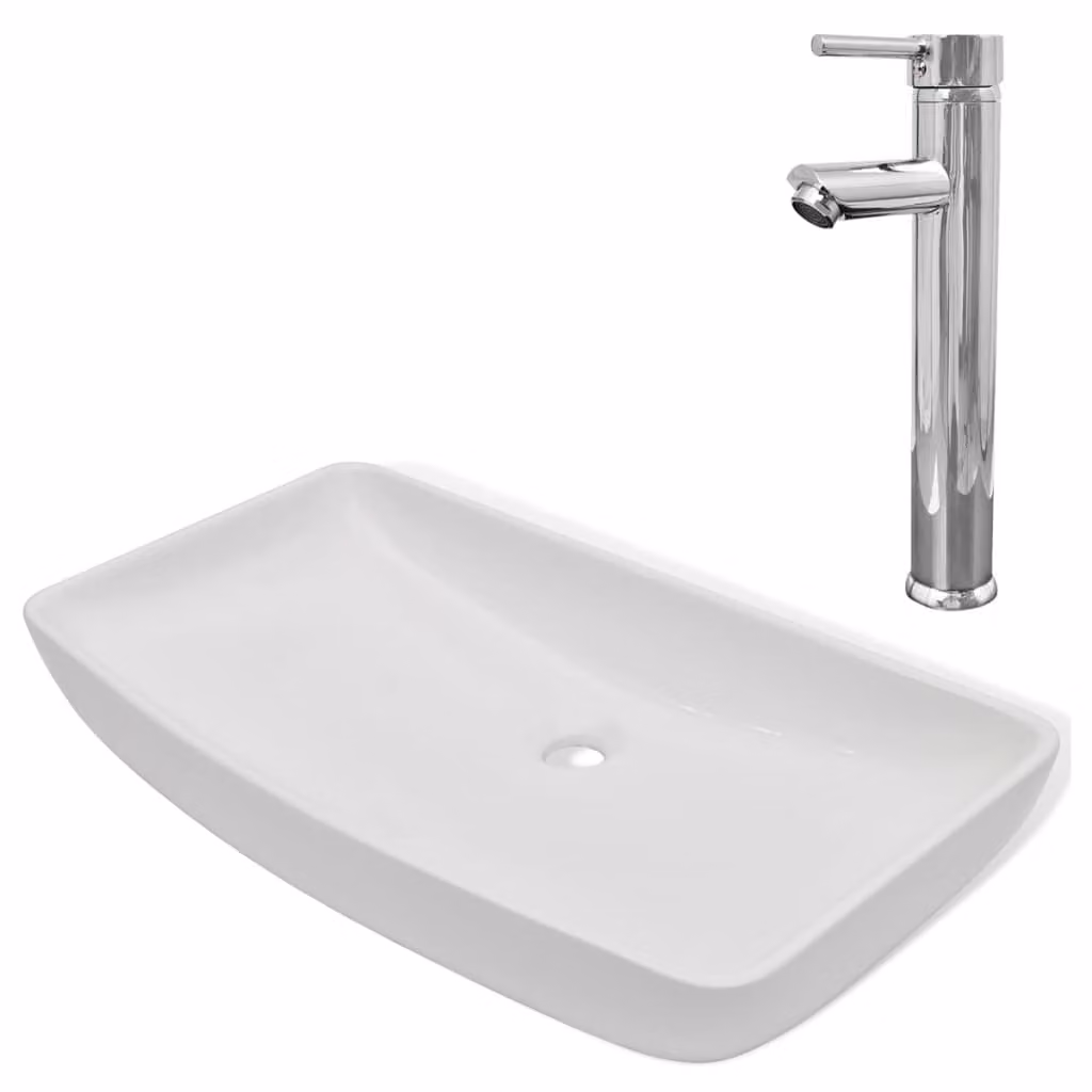 Lavello Bagno con Miscelatore in Vetroceramica Rettangolare Bianco