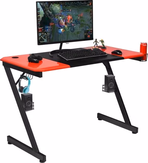 Scrivania da gaming con superficie in fibre di carbonio, Postazione da gaming professionale 120x60x76cm Nero rosso