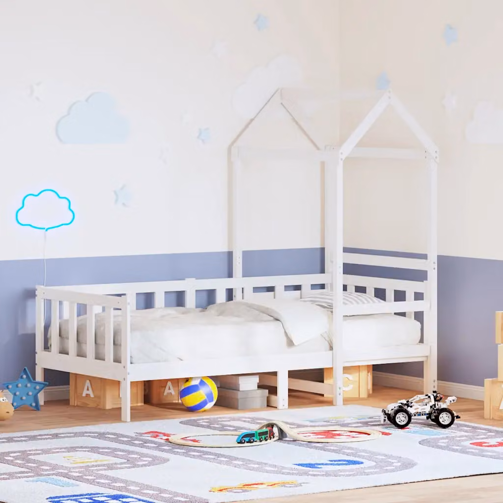 vidaXL Dormeuse con Tetto per Bambini in Legno Massello di Pino Bianco L: 200 cm, P: 80 cm, H: 103,5 cm