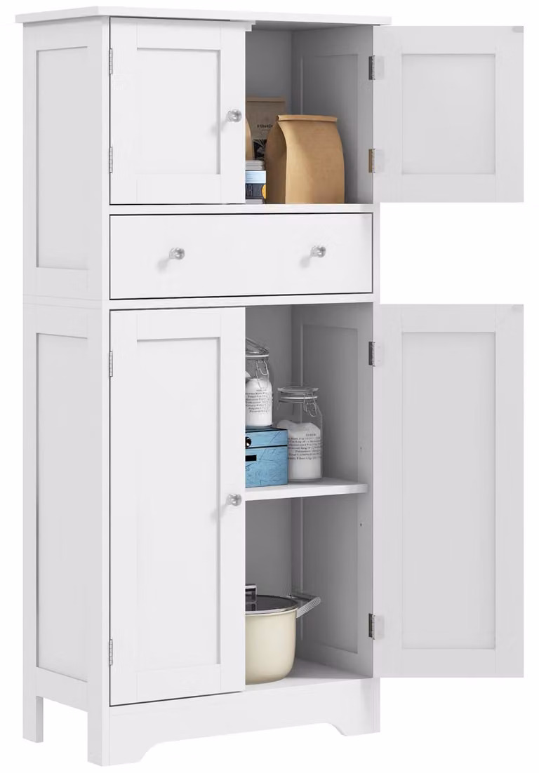 Mobiletto da cucina con ripiani regolabili, cassetto e vani portaoggetti, ideale per la sala da pranzo o il soggiorno, colore bianco