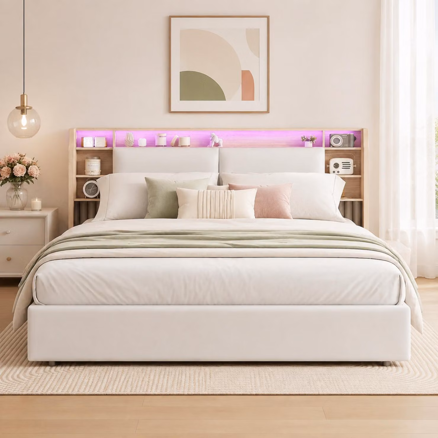 Letto matrimoniale con boxspring, imbottito, dimensioni 160x200 cm, con illuminazione LED, testiera con spazio contenitore, struttura idraulica a doppio letto con rete a doghe, letto per giovani con contenitore, rivestito in bianco (PU)