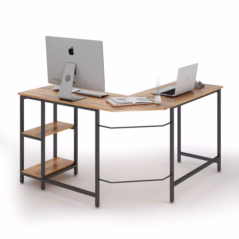 COSTWAY Scrivania per computer a L, scrivania con ripiani, tavolo da lavoro in legno, tavolo da ufficio, tavolo per PC, tavolo per laptop, tavolo angolare