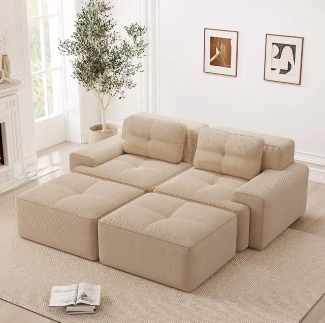 Divano modulare senza struttura in velluto a coste; seduta profonda 74 cm; beige