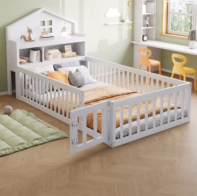 Letto per bambini 90x200 cm a casetta con contenitori e lavagna in legno bianco