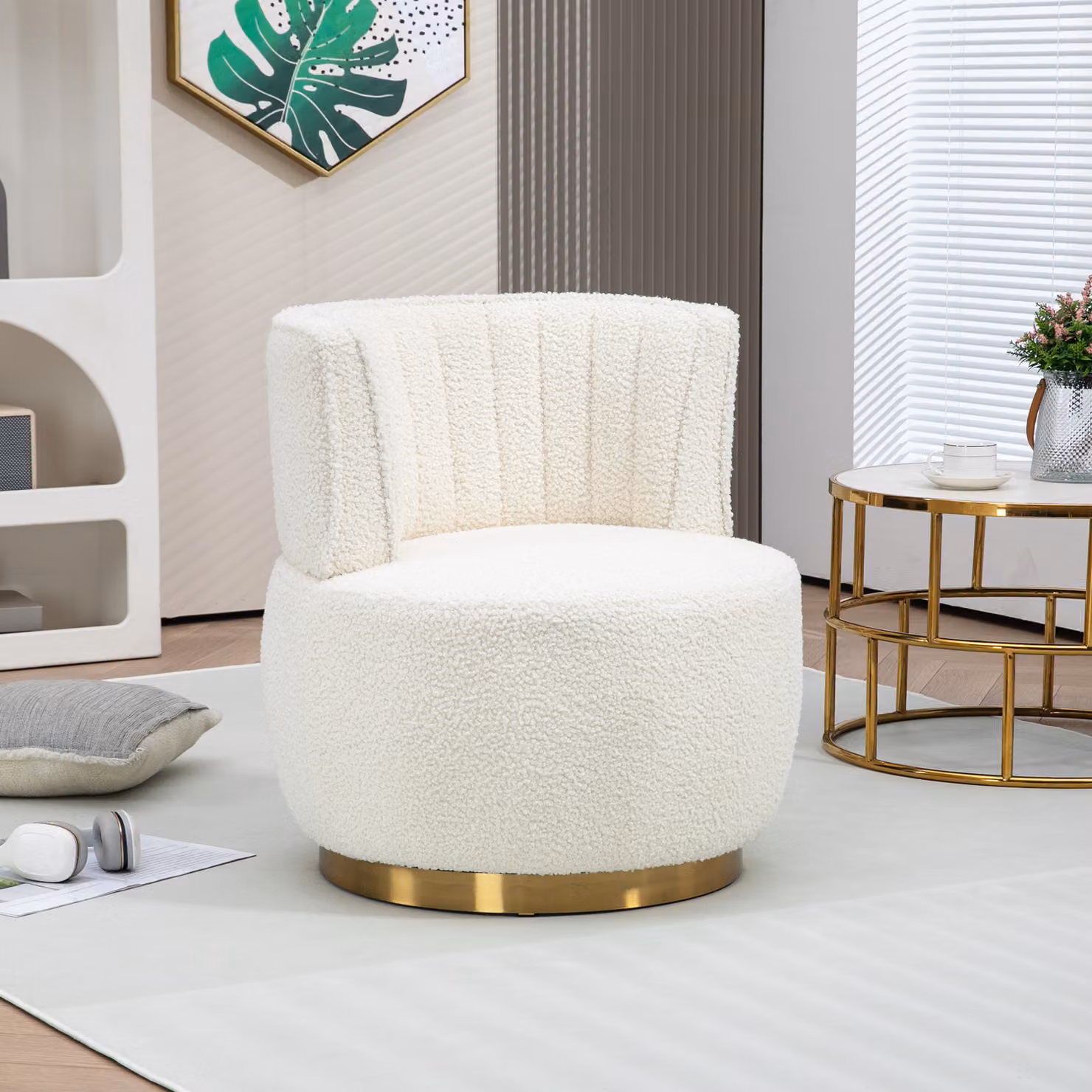 MODFU Poltrona girevole, Poltrona girevole moderna a 360 gradi, Poltrona girevole rotonda, Morbida superficie in peluche, Comodo schienale, Soggiorno, Poltrona da lettura, Poltrona a secchiello, Bianca