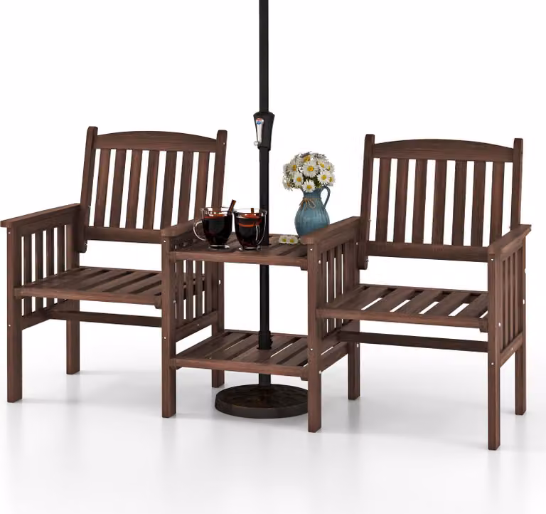 Panca da giardino con tavolo COSTWAY, panca in legno a 2 posti con foro per ombrellone, panca in legno di abete, caricabile fino a 330 kg, panca da terrazza per balcone, 165x60x88 cm
