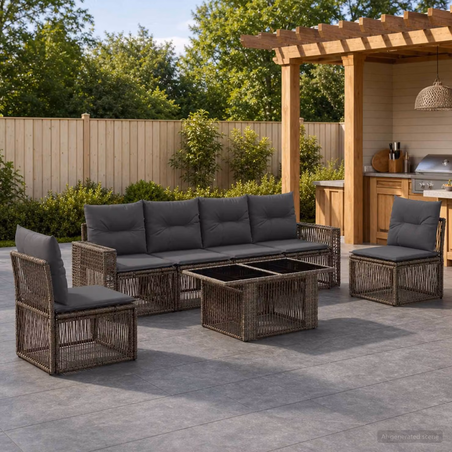 Set Divano da Giardino vidaXL in Polyrattan 7 Pezzi con Cuscini, Grigio e Antracite