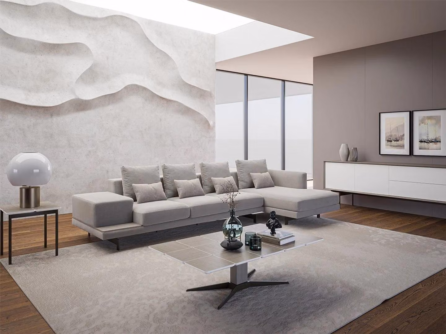 Luxus Wohnzimmer Set 3tlg Ecksofa L-Form Couchtisch mit Holz Beistelltisch