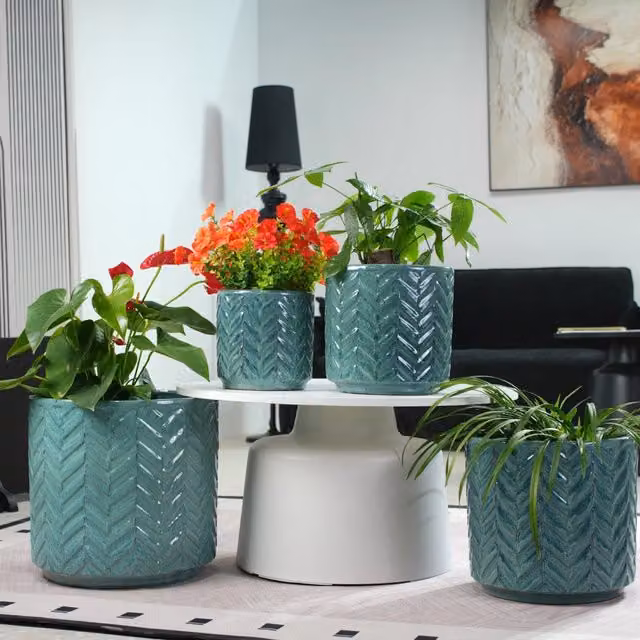Desviae Vasi per piante in ceramica 4 pezzi blu acqua con rilievo a spina di pesce e foro di drenaggio per balcone