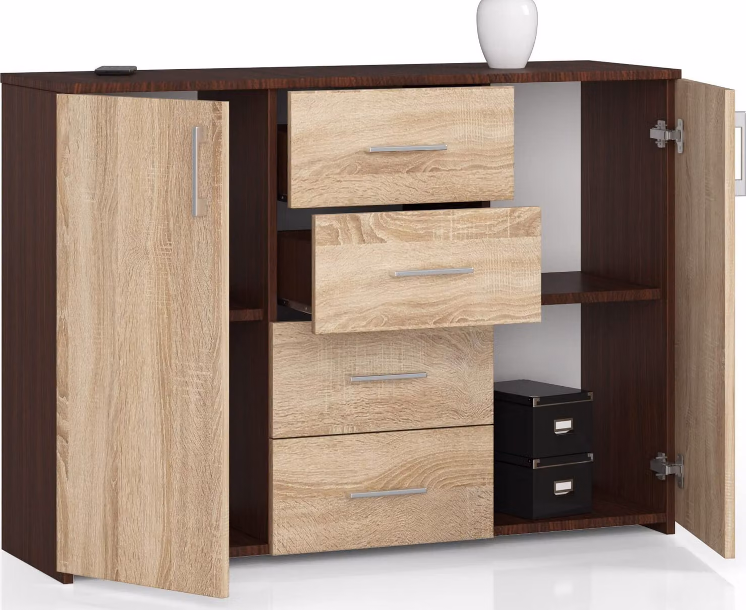 Cassettiera con 4 cassetti e 2 ante, 110x80x35, soggiorno, Venga / rovere Sonoma